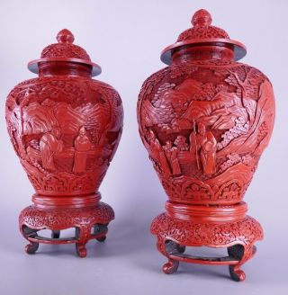 Fine Old Chinese Pair Carved Cinnabar Vases W/ Lid Scholar Work Of Art