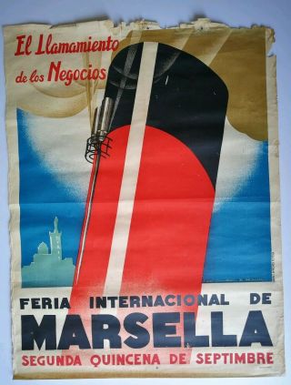 Antique Vintage 1927 Art Deco Poster Jean A.  Mercier Marseille Travel Fair