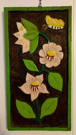 Vintage Mid Century Carved Wood Flower Wall Hanging Art Retro Flowers& Butterfly