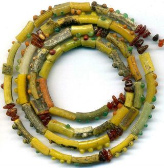 Roman Ancient Yellow Glass Beads Encrusted Tubes Baltic Amber Centuries Old 26 "
