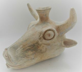Rare Ancient Near Eastern Terracotta Oil Lamp Or Vessel In The Form Of Bull Head