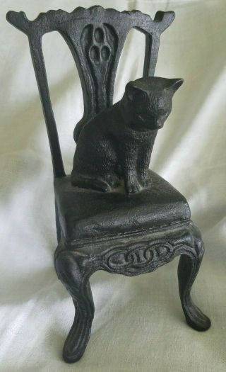Charming Vintage Cast Iron Cat On Chair Sculpture Jewelry Holder Display 8 " Tall