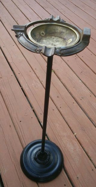 Vintage Pedestal Ashtray Mid Century Smoking Stand Cast Iron Metal Black.  Brass