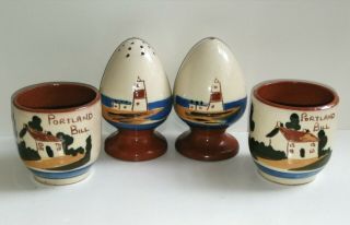 Rare Antique Vintage Motto Torquay Ware Portland Bill Cruet Set Egg Cups No Res