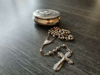 Antique Silver Rosary Box Maria With Silver Art Deco Rosary
