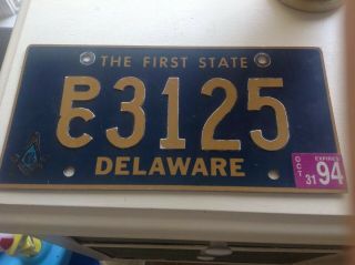 Vintage Delaware License Plate With Masonic Emblem For Display Only