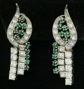 Antique Art Deco Platinum 4.  41ct Asscher Cut Diamond Emerald Dangle Earrings