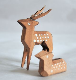 0.  5 " - 1.  5 " Japanese Vintage Wood Carved Deer Pair Dolls With Wooden Box