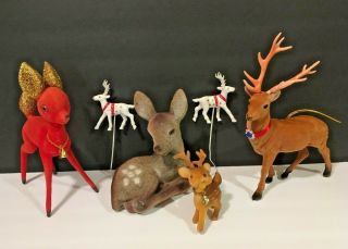 6 Vintage Christmas Reindeer Flocked Blow Mold Picks Bells Glitter