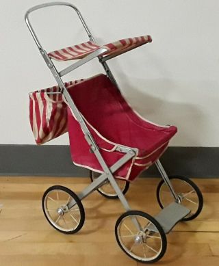 Vintage Doll Stroller,  Red And White Striped Fabric With Metal Collapsible Frame