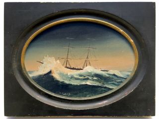Henry Ramirez Miniature Oil Painting Nautical Seascape Ship Signed Antique Frame