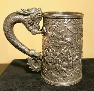 Rare Chinese Export Solid Silver Tankard By Leeching 19th Century