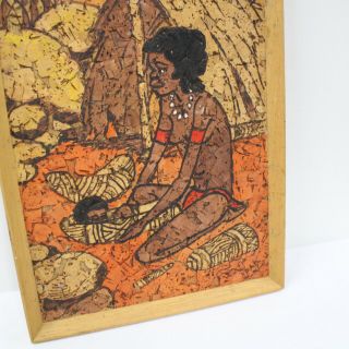 Vintage Australian Hand Painted Aboriginal Cork Painting Framed Picture 323 2