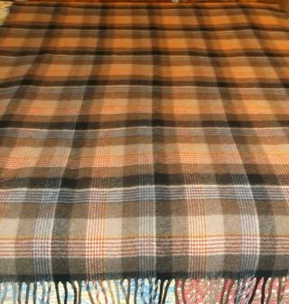 Vintage Pendleton Browns Tan Plaid Wool Throw Blanket 50 " X 70 " 4” Fringe