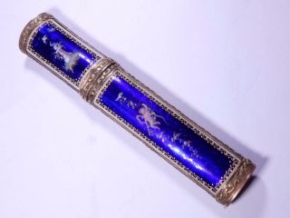 Antique Gold French Guilloche Enamel Needle Holder Cobalt Blue Cherubs,  Portrait