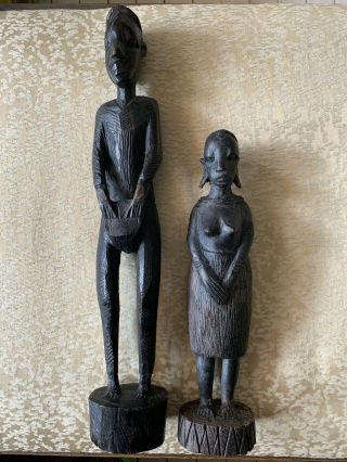 Vtg Couple African Wood Carving Sculpture Statue Hand Carved Ebony Tribal Art