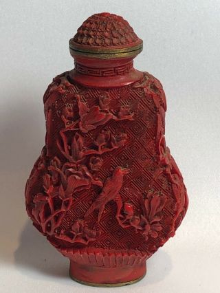 Antique Vintage Chinese Cinnabar Snuff Bottle C.  1900’s Carved Birds
