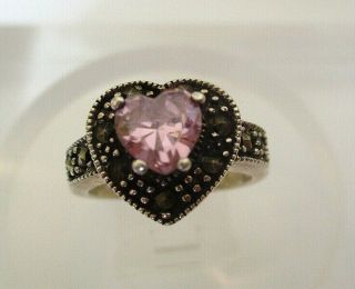 Vintage Solid Sterling Silver Marcasite Pink Heart Crystal Ring Size R
