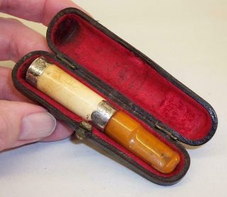 Antique Meerschaum & Amber Cheroot Cigar Holder With Silver Collars - 1913 - Ww1