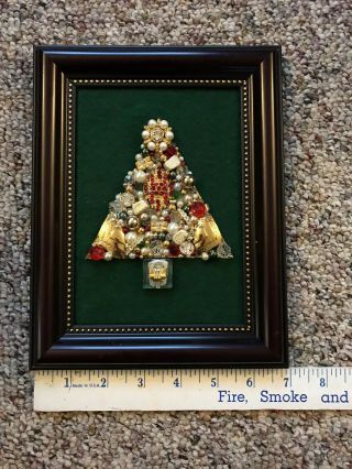 7 X 9” Framed Christmas Tree Made From Vintage Jewelry