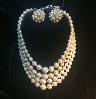 Gorgeous Vtg Japan Multi 4 Strand Hand Knotted Faux Pearl Necklace & Earrings