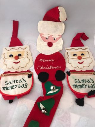 Vtg Japan Christmas Felt Santa’s Money Bag Zipper Hanger Pouches & Door Bell.