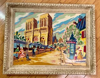 1940 Paris France Notre Dame Cathedral Oil Painting Antique