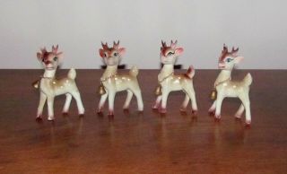 4 Vintage Hand Painted Plastic Vinyl Rubber Christmas Reindeer Figures W Bells