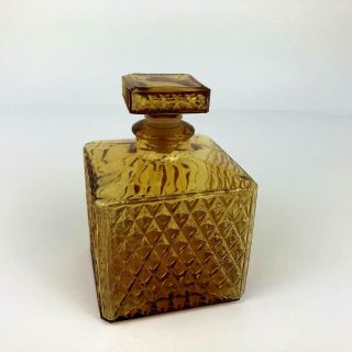Vintage Amber Pressed Glass Diamond Cut Square Bottle Decanter With Stopper