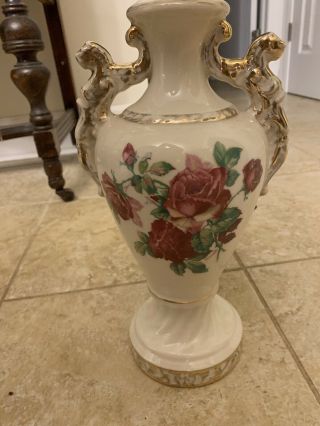 Vintage Victorian - Style Red Floral White Enameled Lamp Gold Metallic Trimmed