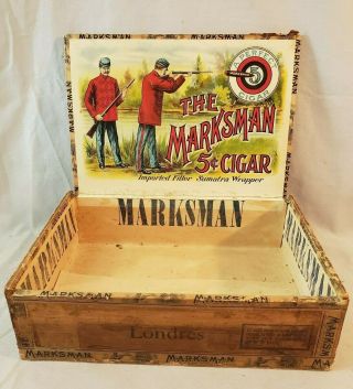 Rare 19th C Graphic The Marksman Cigar Box With Colorful Label Rifles