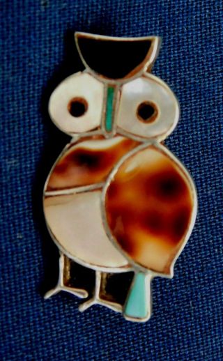 Zuni Sterling Silver Multi Stone Inlay Handmade Vintage Owl Pin Pendant Estate