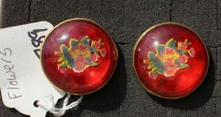 31 - 53 - Pair Antique Vintage Bridle Rosettes 1 3/4 " Glass Domed Red Flowers