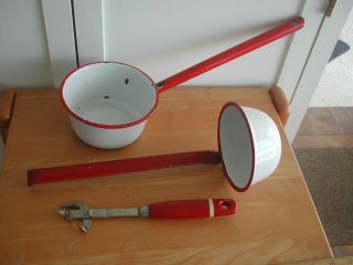 3 Vintage/antique Red Handle Kitchen Utensils 2 Ladles & 1 Can Opener