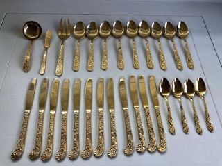 28 Vintage Goldplated Lifetime Cutlery Stainless Flatware Gold Floral Japan