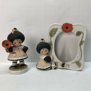 Vintage 1983 Enesco Barbi Sargent Poppyseed Picture Frame & Figurine Set Of Two