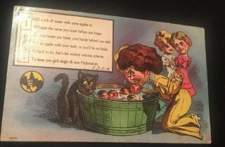 Vintage Halloween Postcard Black Cat Women Bobbing For Apples Witch 1908