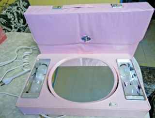 Vintage Pink Lighted Make Up Mirror With Case
