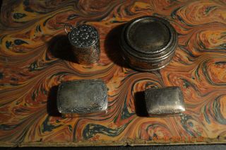 4 Old Snuff / Pill Boxes 60 Grams 1 Marked Sterling Silver Victorian Antique