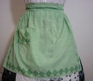 Vintage Hostess Half Apron Green & White Gingham Cross Stitch Hens Party Gift