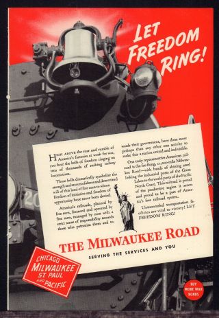1943 Ww Ii Milwaukee Road Railroad Train Patriotic Wwii Ww2 Let Freedom Ring Ad