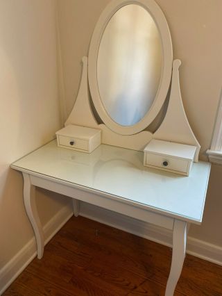 Ikea: Hemnes White Make - Up Vanity With Drawers And Glass Top (gently)