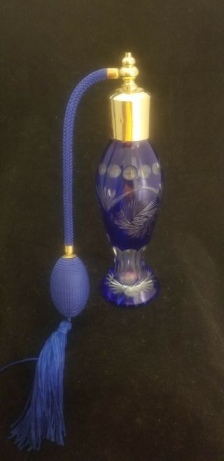 Vtg Cobalt Blue Glass Devilbiss? Perfume Bottle Hand Painted Art Deco Atomizer
