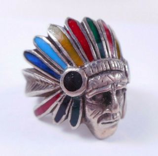 Vtg Sterling Silver Enameled Indian Chief Head Biker Ring Men 