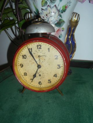 Rare Vintage Alarm Clock Gustav Becker German Mechanical Metal Red