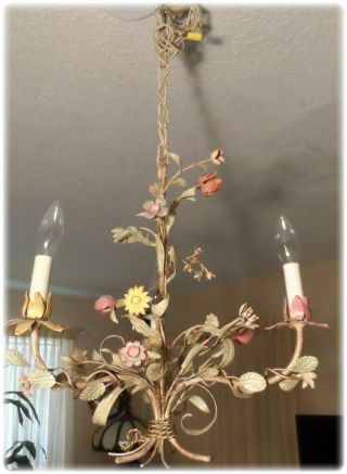 Vintage 3 Light Petite Shabby Chic Tole Multicolored Floral Chandelier Italy