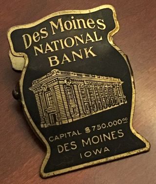 Antique Brass Des Moines National Bank Iowa Advertising Metal Paper Clip 3” Vgc