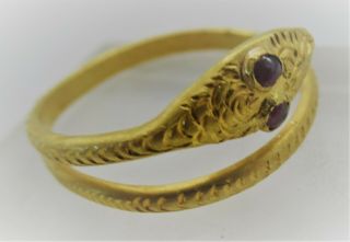 Scarce Ancient Roman High Carat Gold Snake Ring With Red Stone Inserts 200 - 300ad