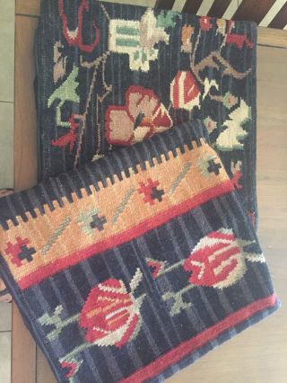 Vintage India Kilim Wool Black Burnt Red Floral Pair 18 X 18 Pillow Covers Boho