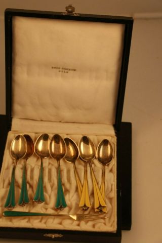 Vtg.  David Andersen (oslo) Set Of 8 Sterling And Enameled Demitasse Spoons And 1